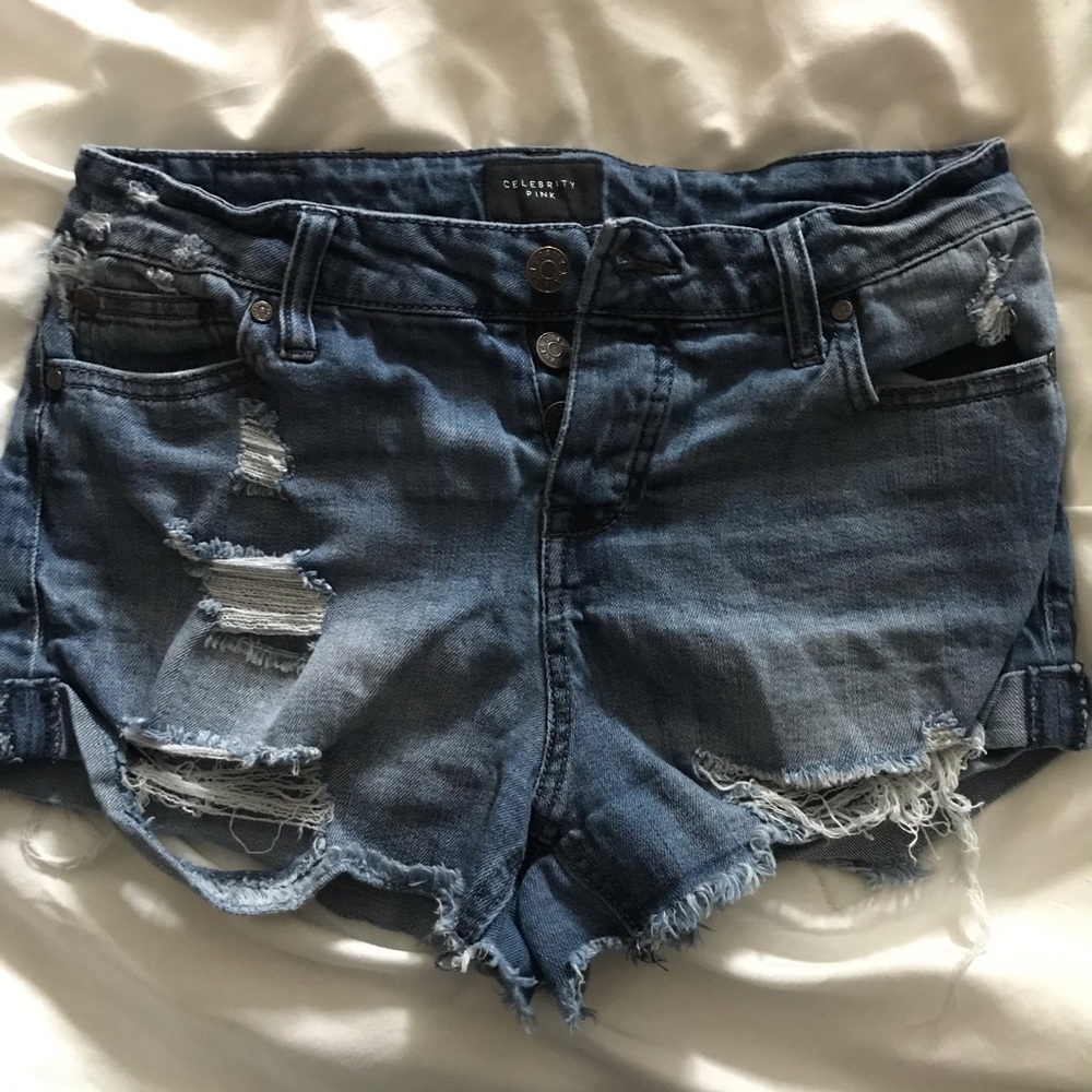 Distressed denim shorts